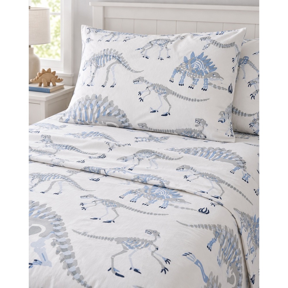 Pottery Barn Kids 4pc Dinosaur Skeleton Cotton Sheet Set FULL Blue Grey Fossil